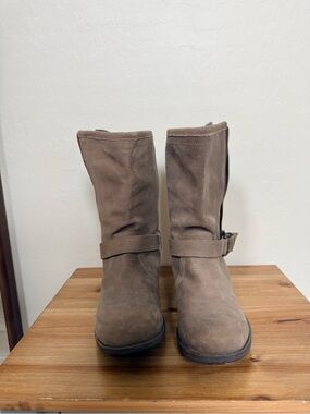 UGG Taupe Suede Mid-Calf Buckle Boots